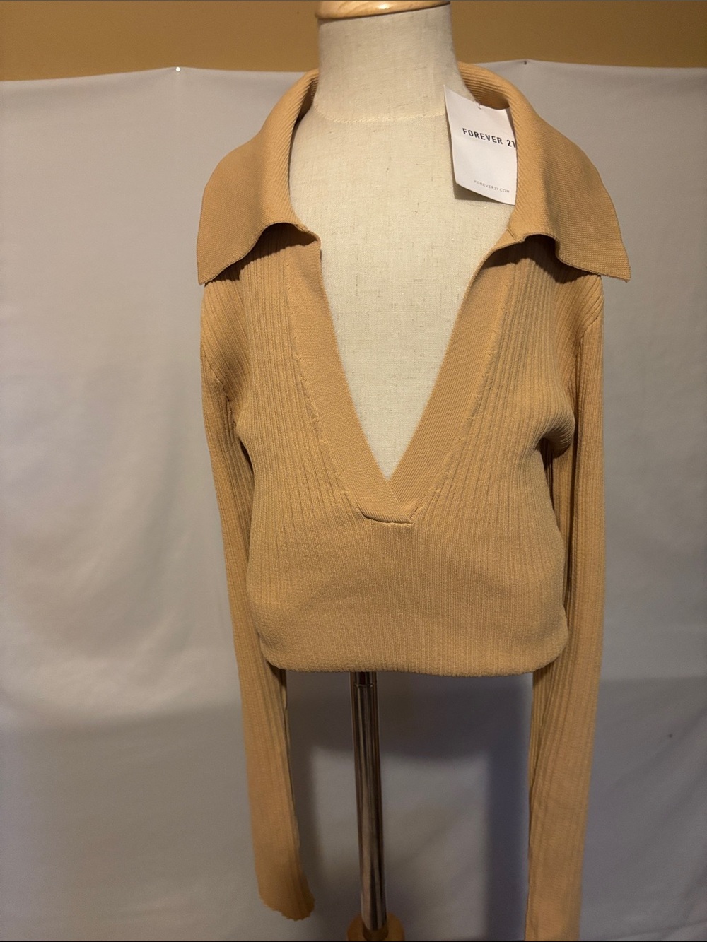 Women's Deep V Ribbed Knit Crop Top with Wide Collar and long sleeves - Camel